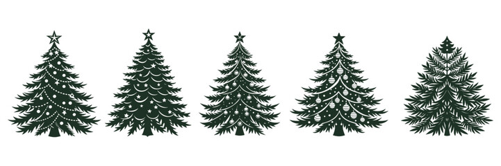 A row of intricately designed Christmas trees stands, each radiating festive charm and embodying the spirit of the holiday season.