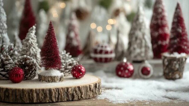 A festive still life with miniature red and white trees pinecones and ornaments on a snow-dusted wood slice