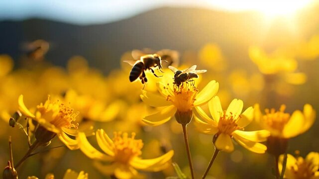 Bees Buzzing Around Yellow Flowers in Sunlight