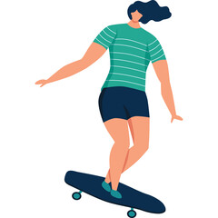 Woman In Teal Striped Shirt And Navy Shorts Riding A Skateboard With Dark Hair And Blue Skateboard With Teal Wheels Full Body Isolated On White Background