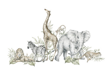 Watercolor African animals and leaves. Giraffe, elephant, cheetah, zebra, lion, monkey. Safari wildlife.