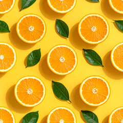 Aesthetic summer fruit pattern featuring sliced oranges and lush green leaves arrange 