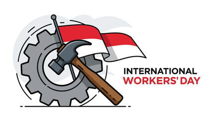 International Workers Day Celebration with Hammer and Flag.