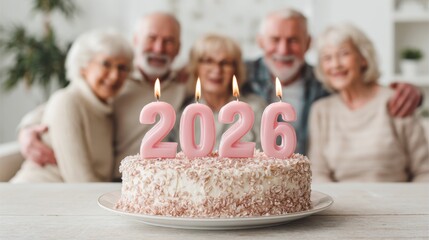 A birthday cake with pink candles reading '2026' sits on a table. In the background, a group of four senior people smile, showcasing a joyful celebration.