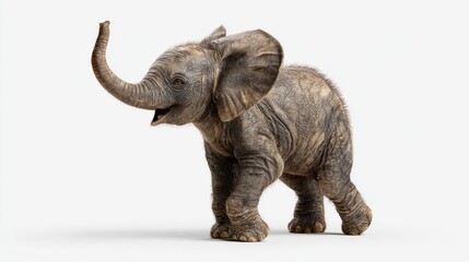 Obraz premium Adorable baby elephant with raised trunk standing on white background, playful pose showing wrinkled gray skin, large ears, and expressive eyes in studio portrait