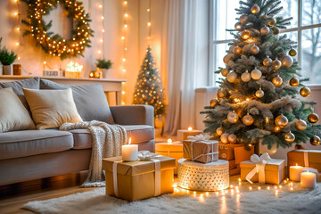 Cozy christmas living room with decorated tree and gifts