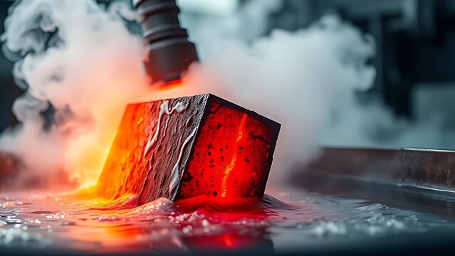enthalpy. Red-hot steel being quenched in water, creating dramatic clouds of steam. safety posters, maintenance manuals, designed for industrial assembly lines and welding operations.