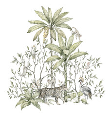 Obraz premium Watercolor Jungle animals and nature elements. Palm trees, panther, crane, parrot, monkey, tropical illustratiion in Chinoiserie style