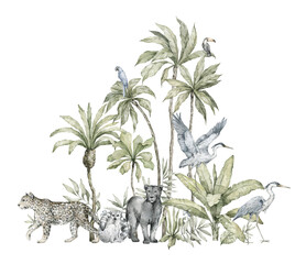Obraz premium Watercolor composition with jungle animals, palm trees. Panter, leopard, heron, lemur, parrot. Wild jungle nature, exotic tropical illustration for cards, posters, invites, nursery wallpaper