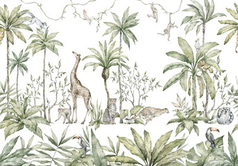 Obraz premium Watercolor seamless border with tropical nature, palms, wild animals, birds. Chinoiserie design for murals, wallpapers. Jungle vintage illustration, girafe, leopard, cheetah, monkeys, lemur, greenery