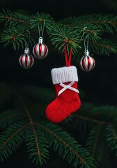 Christmas tree branch with ornaments and a festive red stocking