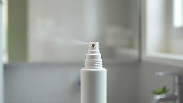 algicide. A deodorant spray bottle releasing a fresh mint-green mist in a clean bathroom setting. lifestyle magazines, social media lookbooks, designed for influencer and brand collaborations.