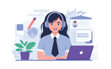 Friendly customer service representative ready to assist your customers, offering support with a smile, working at her desk with a laptop and headset