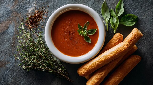 An elegant flat lay of soup, herbs, and breadsticks, minimalist balance - Powered by Adobe