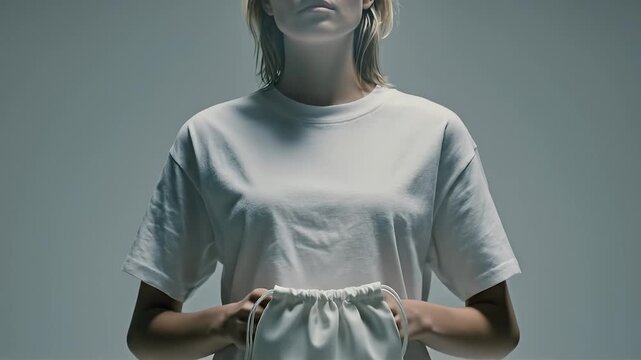 A girl in a white t-shirt holds a white drawstring bag close to her body under soft lighting. The girl showcases the bag while the focus is on her hands and the bag in a minimalist