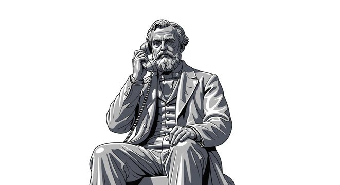 Statue of a historical figure with a beard holding a telephone to his ear against a white background.