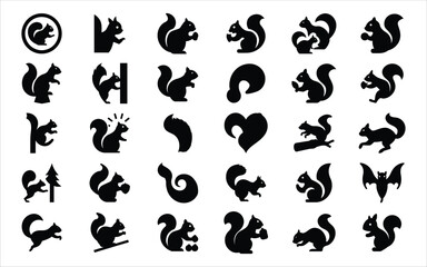 Fototapeta premium Collection of black silhouette squirrel icons and illustrations