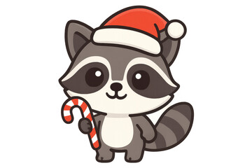 Obraz premium Raccoon cartoon wearing a santa hat and holding a candy cane, celebrating winter holiday festivities