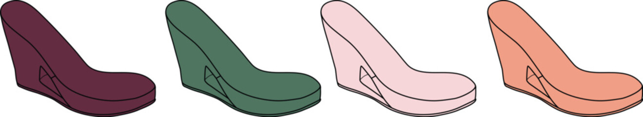 Four colorful wedge-heeled shoes burgundy, emerald, blush, and coral, perfect for fashion