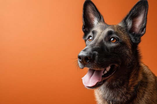 belgian malinois dog in pastel orange background