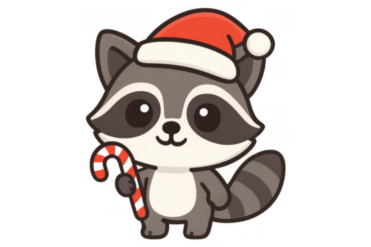 Raccoon cartoon wearing a santa hat and holding a candy cane, celebrating winter holiday festivities