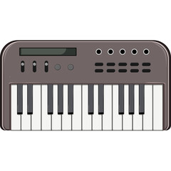 Cartoon Style Gray Synthesizer Keyboard With Black and White Keys and Digital Display Against White Background