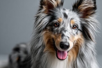shetland sheepdog while standing against pastel gray background