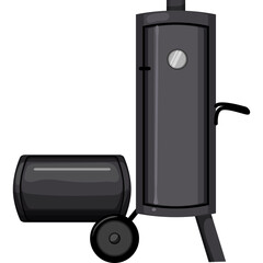 Cartoon style illustration of a dark gray vertical smoker grill with a side firebox on wheels and a...