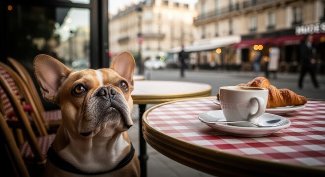 French bulldog at cafe with coffee and croissants in paris street setting