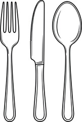 Black and white kitchen utensils illustration, fork knife spoon drawing, simple line art cutlery set, restaurant dining tools, minimal tableware graphic