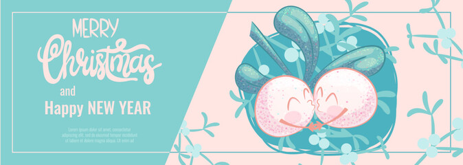 Horizontal advertising banner for Christmas and New Year. Lovely berries and mistletoe leaves. A smiling character. Vector illustration for poster, banner, advertisement, flyer