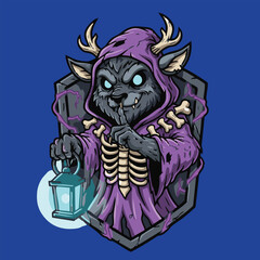 Fototapeta premium A mysterious hooded wolf-like creature with antlers and a bone costume holding a glowing lantern.