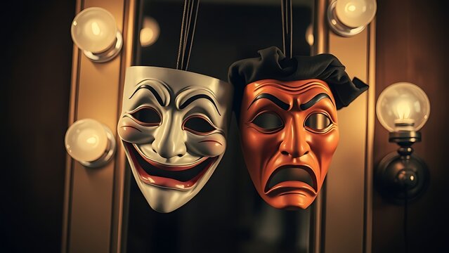 oriflamme. Comedy and tragedy masks hanging before a vintage dressing room mirror in a dim backstage setting. event programs.