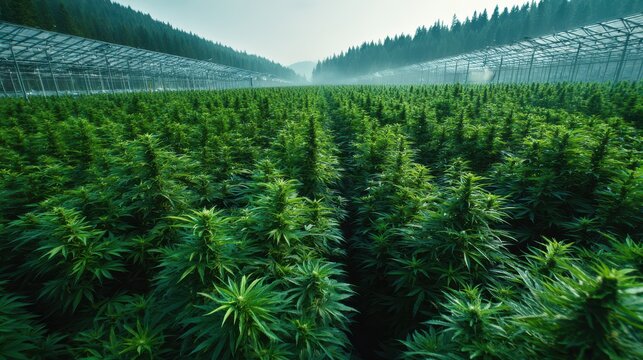 Aerial view of a vast cannabis farm with rows of lush green plants under a greenhouse structure in a valley surrounded by forest