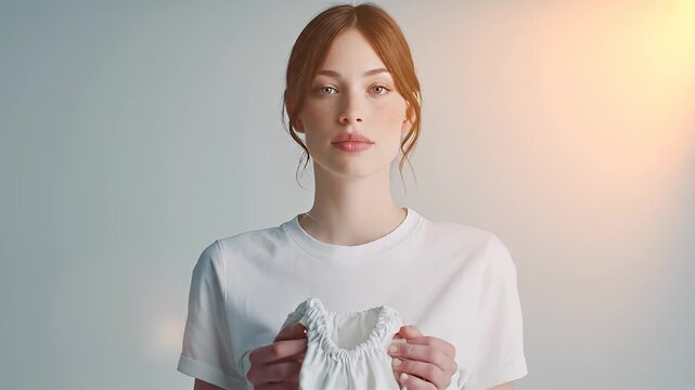 A girl is holding a white drawstring bag close in front of her, showcasing the bag's features effectively. The girl stands in a soft-lit environment, emphasizing the bag&rsquo;s design.