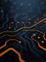 Futuristic circuit board background with glowing orange lines on a dark surface. Perfect for tech, cybersecurity, AI, data networks, digital systems, and high-tech visuals.