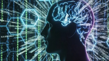 Human head profile with brain and digital background - Powered by Adobe