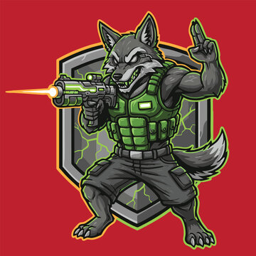 A fierce anthropomorphic wolf character in tactical gear, aiming a futuristic laser gun with a glowing green barrel, set against a cracked shield emblem on a red background.
