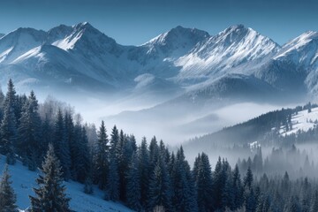 Obraz premium Fog envelops the peaceful winter landscape in the mountains showcasing nature's quiet beauty at dawn