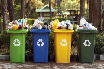 Bright recycling bins filled with various waste materials located in a park during the afternoon, showcasing the importance of proper disposal and environmental care