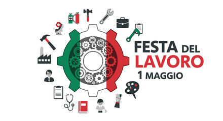 Labor Day Celebration in Italy with Industrial Icons and Italian Flag Colors.