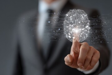 Businessman engages with digital data protection interface demonstrating security in technology at a professional setting