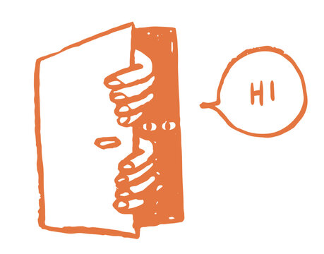 Cartoon doodle character with curious eyes peeking out of opened door standing behind watching, searching or spying vector illustration isolated on pink background. Web icon for we have moved. - Powered by Adobe