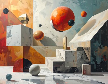 Abstract composition of geometric shapes with reflective surface