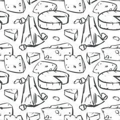 A vector seamless pattern with various cheeses. Hollow Swiss, soft Camembert, Parmesan, Brie, Gouda, and Cheddar. The hand-drawn background with farmhouse cheese imitates a quick ink and brush sketch.