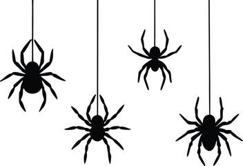 distinct spiders suspended on threads in varying sizes and poses silhouette vector