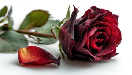 Single Red Rose with Fallen Petal on White Background.