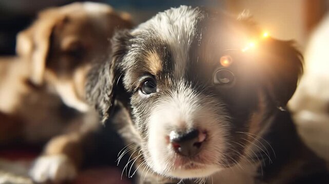 A puppy with brown and white fur gazes curiously at the camera, showcasing its bright eyes and playful expression. The puppy's attentive gaze adds charm to the cozy indoor setting.