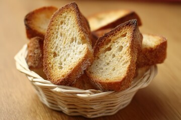 木製のテーブルの上の小さなバスケットに入ったフランスパンのスライス