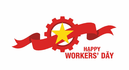 Happy Workers Day illustration with gear star and ribbon.
